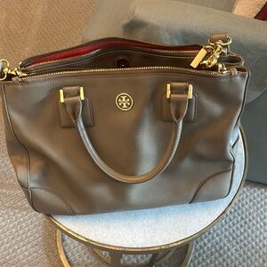 Tory Burch Brown Leather Satchel with Gold Hardware and cross body strap
